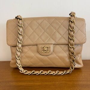 Auth CHANEL Classic Flap Plastic Chain Shoulder Bag Gold Caviar Iridescent